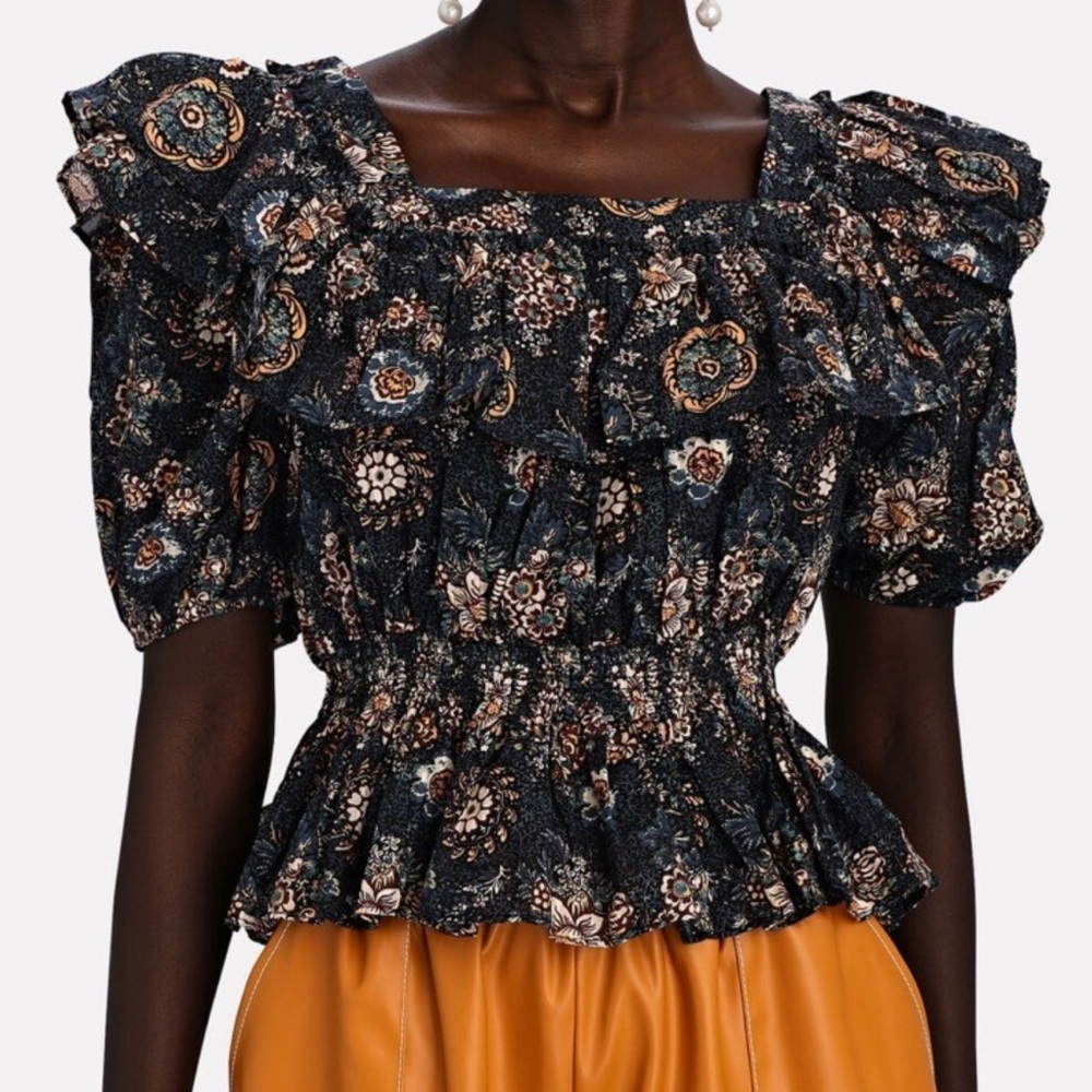 Ulla Johnson Navy Floral Smocked Peplum Top